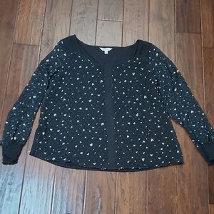 LC Lauren Conrad Black Blouse with Heart Design & Sheer Sleeves size XXL